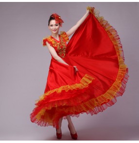Red yellow patchwork big swing skirted sleeveless v neck women's ladies stage performance flamenco spanish bull opening chorus dancing  folk dance dresses outfits costumes